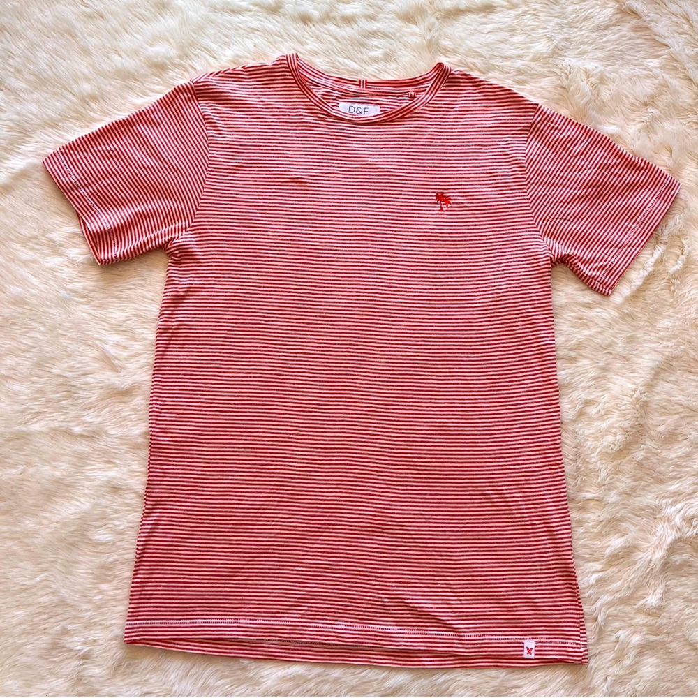 D&F Ricky Singh Short Sleeve Orange White Striped Palm Tree T Shirt Mens Small